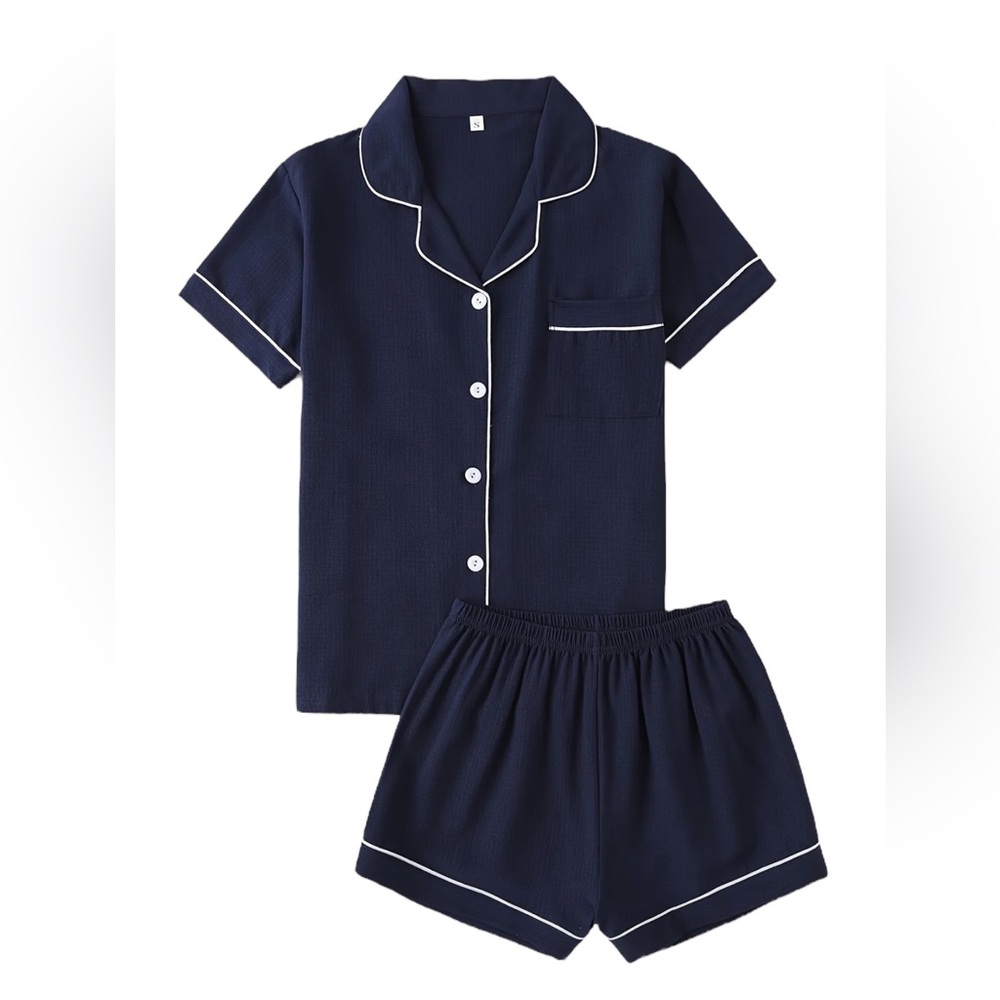 A Classy Chic Boutique Blue Pajama Set with White Trim - Picture 3 of 3